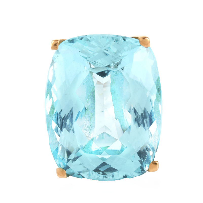 Approx. 29.0 Carat Cushion Cut Aquamarine and 18 Karat Rose Gold Ring. Aquamarine measures 21mm x 17mm, vivid color.