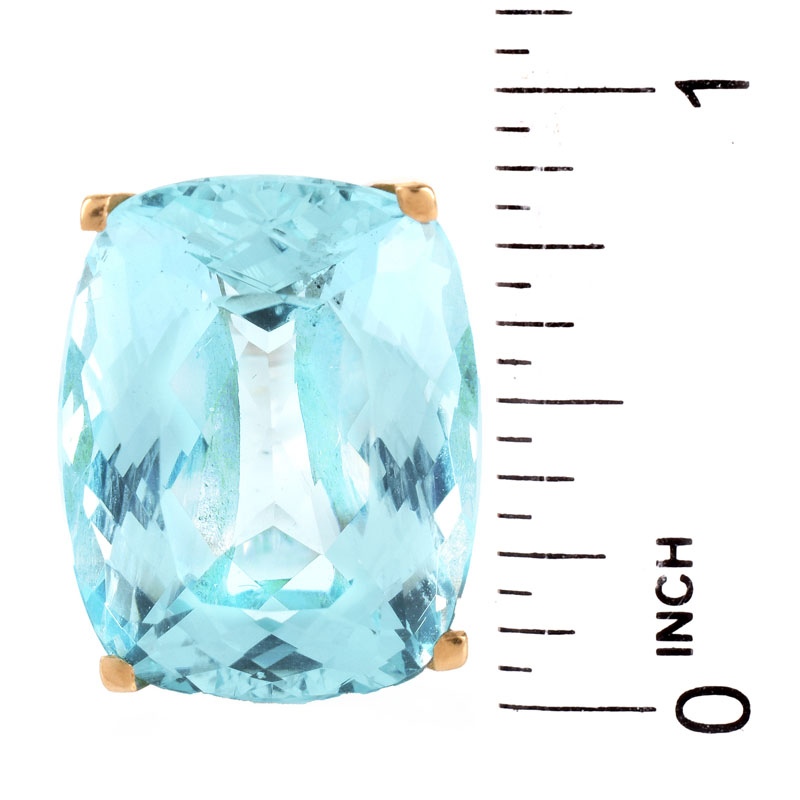 Approx. 29.0 Carat Cushion Cut Aquamarine and 18 Karat Rose Gold Ring. Aquamarine measures 21mm x 17mm, vivid color.