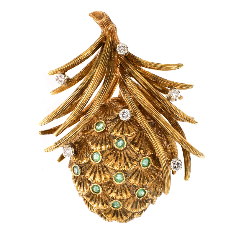 Vintage Large and Heavy 18 Karat Yellow Gold, Emerald and Diamond Pine Cone Brooch. Stamped 18K. 