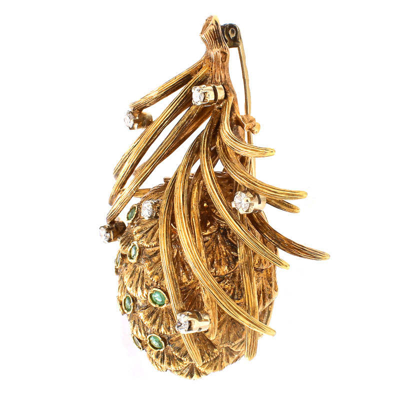 Vintage Large and Heavy 18 Karat Yellow Gold, Emerald and Diamond Pine Cone Brooch. Stamped 18K. 