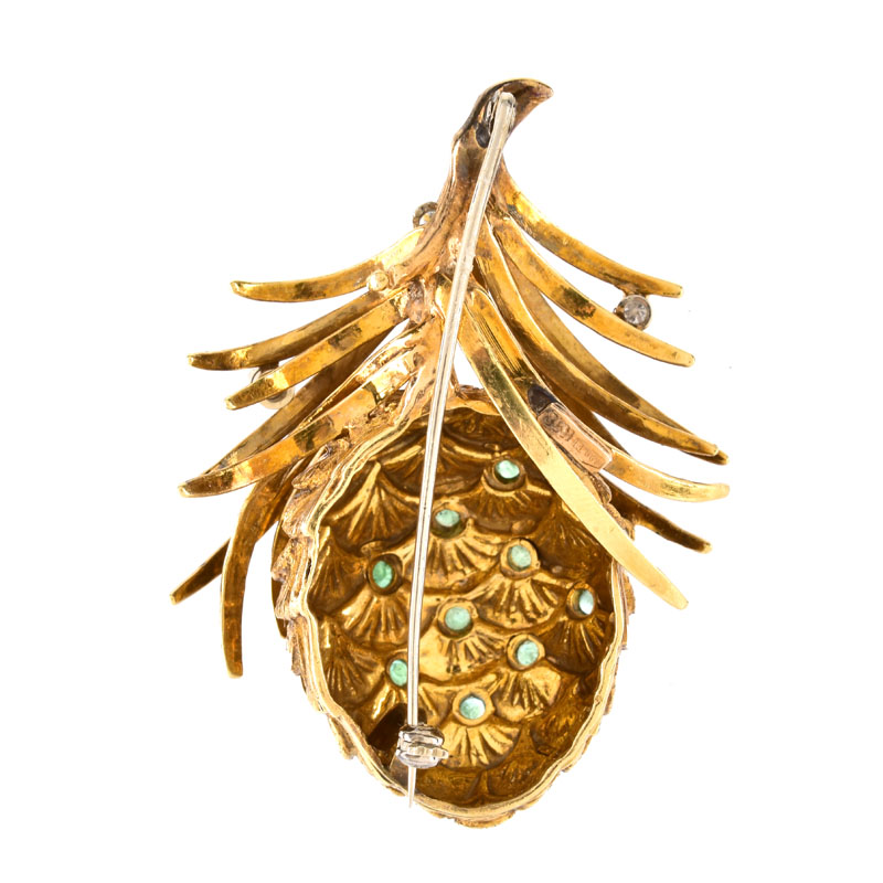 Vintage Large and Heavy 18 Karat Yellow Gold, Emerald and Diamond Pine Cone Brooch. Stamped 18K. 