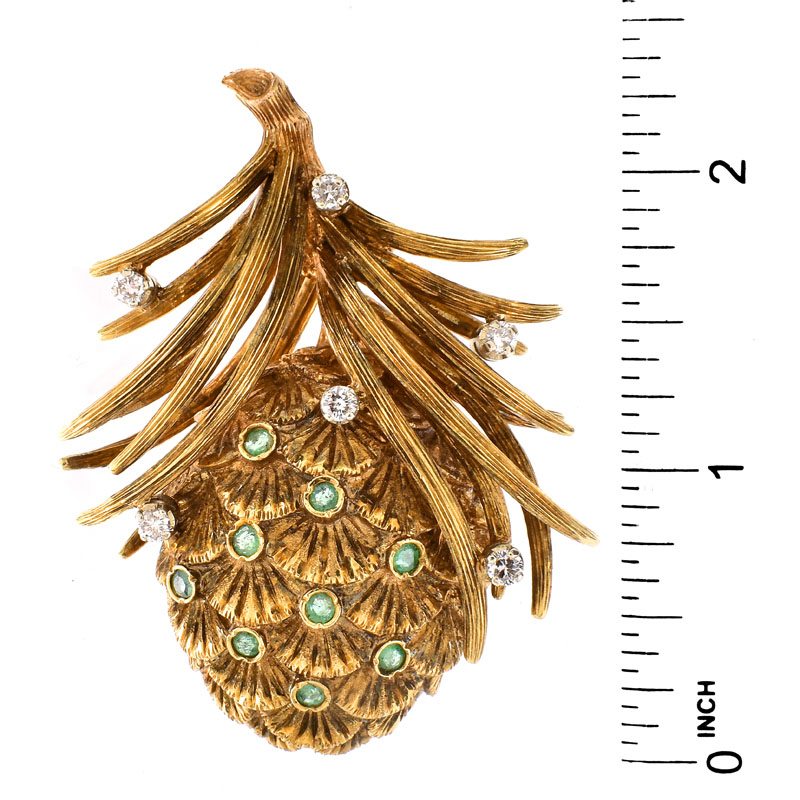 Vintage Large and Heavy 18 Karat Yellow Gold, Emerald and Diamond Pine Cone Brooch. Stamped 18K. 