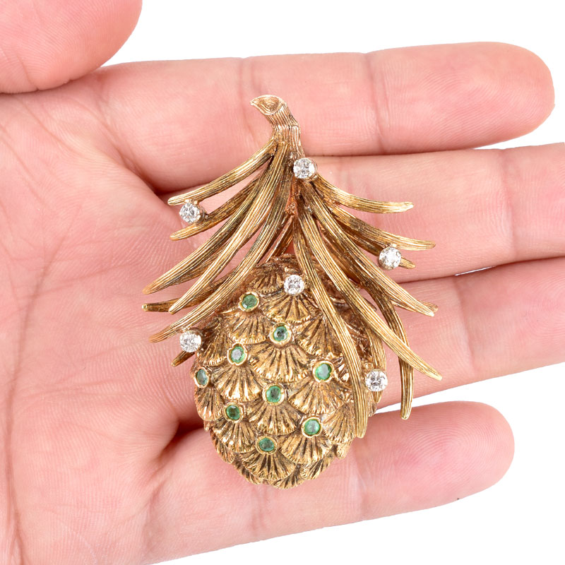 Vintage Large and Heavy 18 Karat Yellow Gold, Emerald and Diamond Pine Cone Brooch. Stamped 18K. 