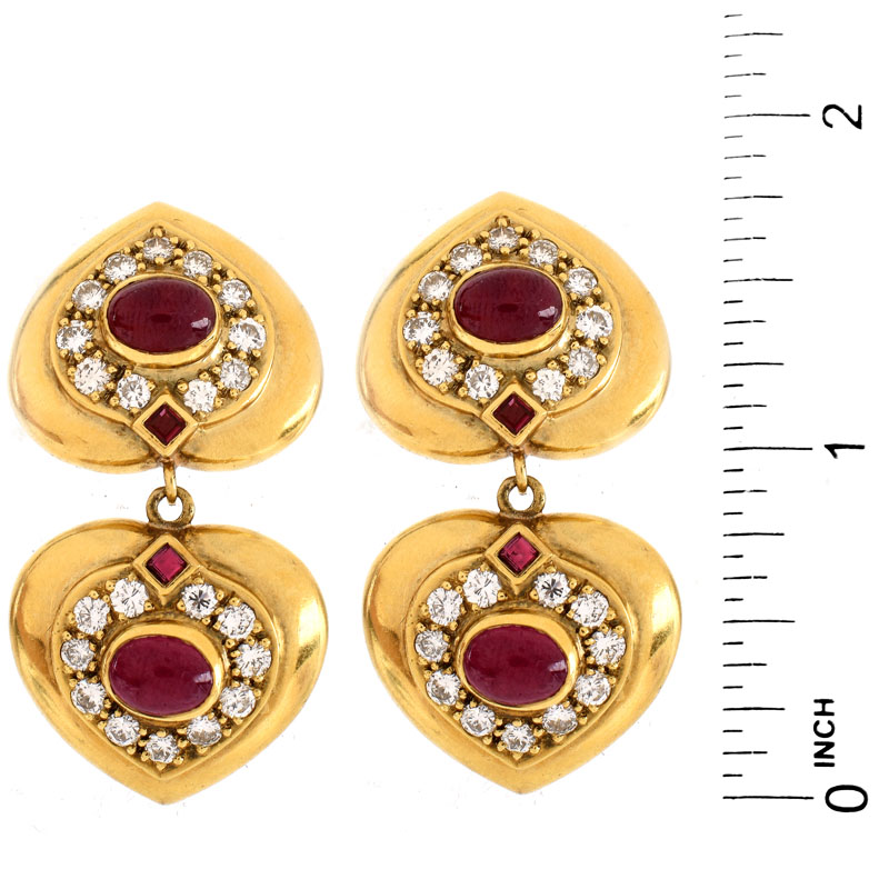 Vintage Cabochon Ruby, Pave Set Round Brilliant Cut Diamond and 14 Karat Yellow Gold Pendant Earrings. Diamonds D-E color, VS1 clarity. 