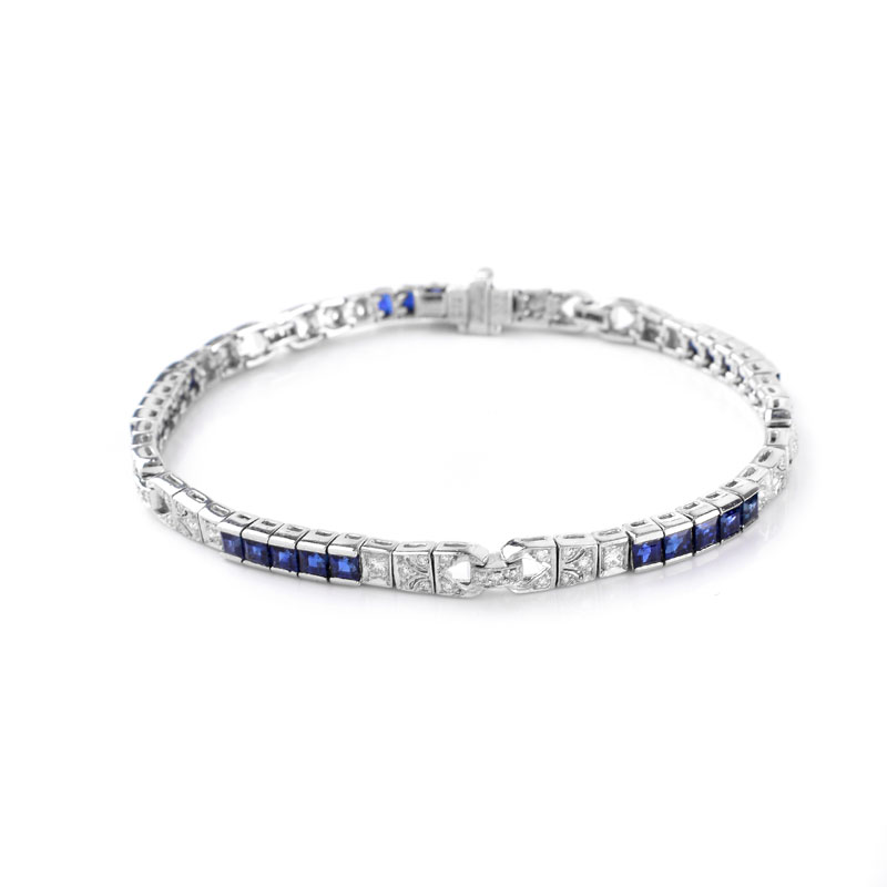 Vintage Art Deco style Approx. 4.0 Carat Square Cut Sapphire, 1.0 Carat Diamond and Platinum Line Bracelet. Sapphires with vivid color. Stamped Platinum.