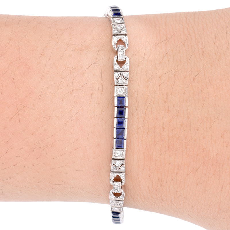 Vintage Art Deco style Approx. 4.0 Carat Square Cut Sapphire, 1.0 Carat Diamond and Platinum Line Bracelet. Sapphires with vivid color. Stamped Platinum.