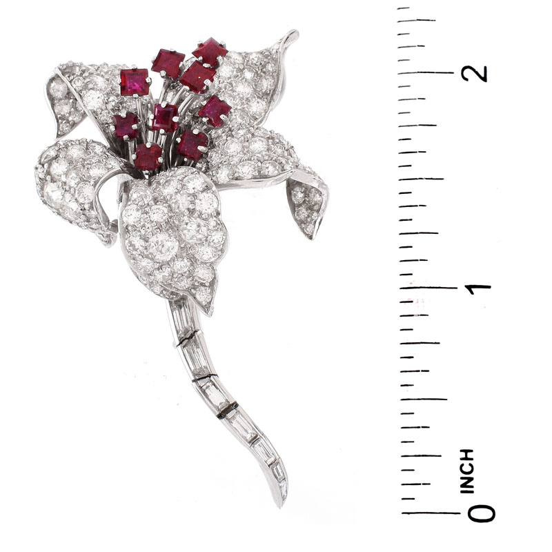 Vintage David Webb Approx. 6.50 Carat Pave Set Round Brilliant and Baguette Cut Diamond, Square Cut Ruby and Platinum Flower Brooch with Articulated Stem. 