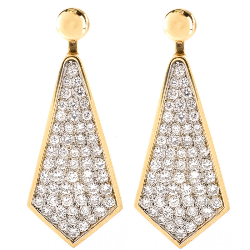 Contemporary Approx. 5.70 Carat Pave Set Round Brilliant Cut Diamond and 14 Karat Yellow Gold Pendant Earrings. Diamonds F color, VS clarity. 