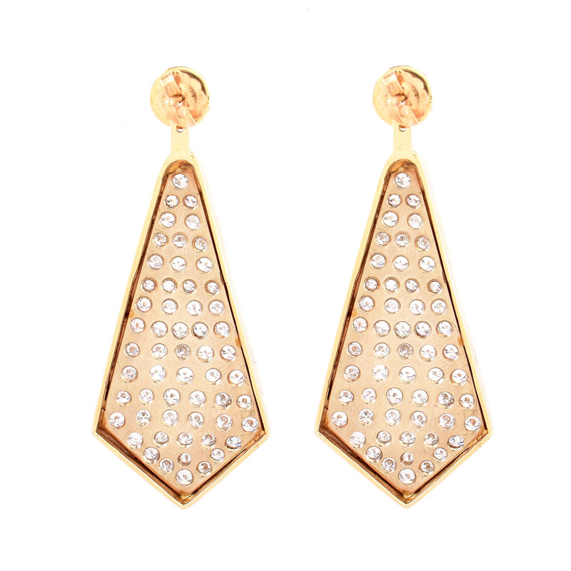 Contemporary Approx. 5.70 Carat Pave Set Round Brilliant Cut Diamond and 14 Karat Yellow Gold Pendant Earrings. Diamonds F color, VS clarity. 