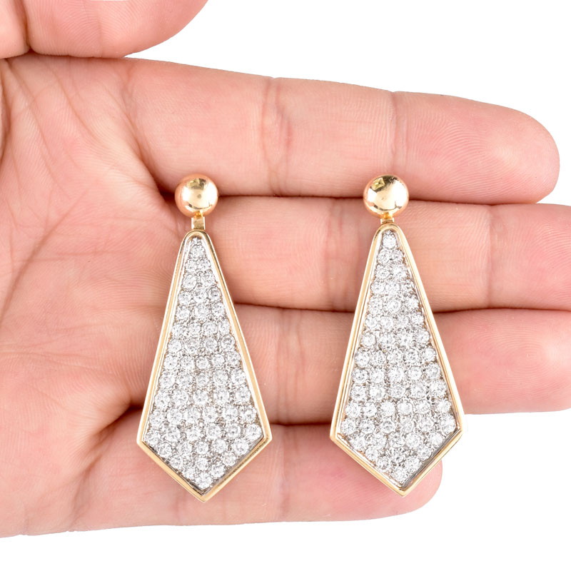 Contemporary Approx. 5.70 Carat Pave Set Round Brilliant Cut Diamond and 14 Karat Yellow Gold Pendant Earrings. Diamonds F color, VS clarity. 