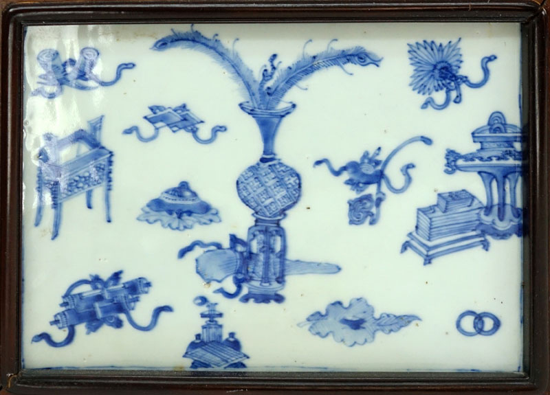 Chinese Qing Dynasty Style, Blue and White Porcelain Plaques in Hardwood Frame. 