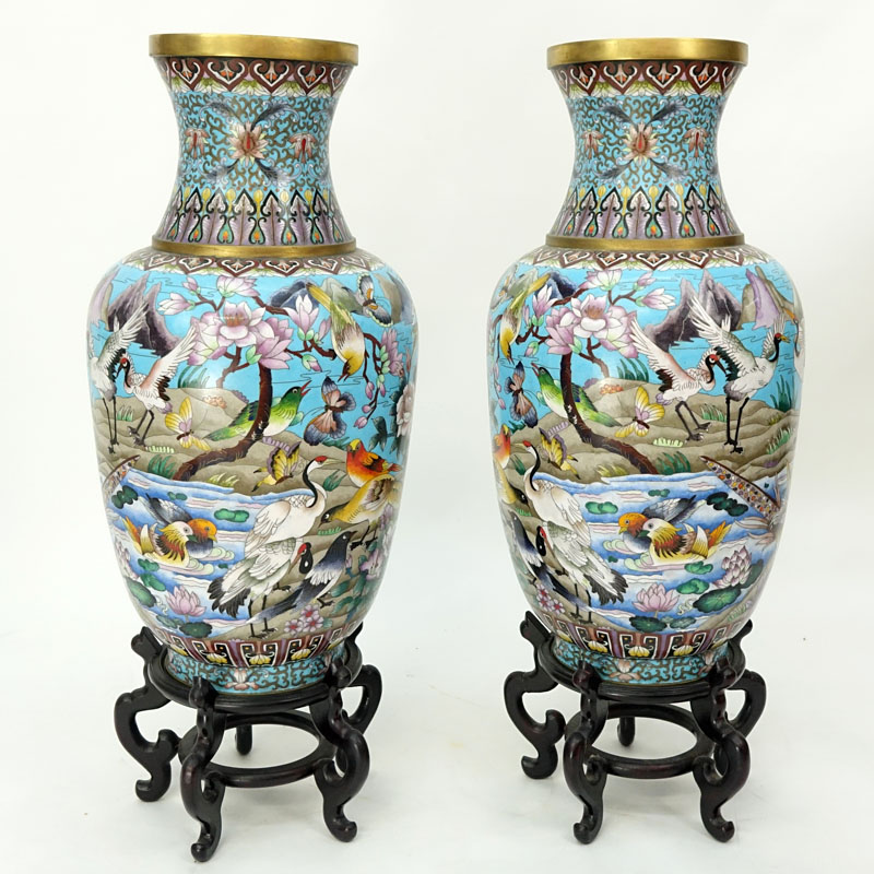 Pair of Large Chinese Cloisonné Vases. Various birds, butterfly, and flower motif. 