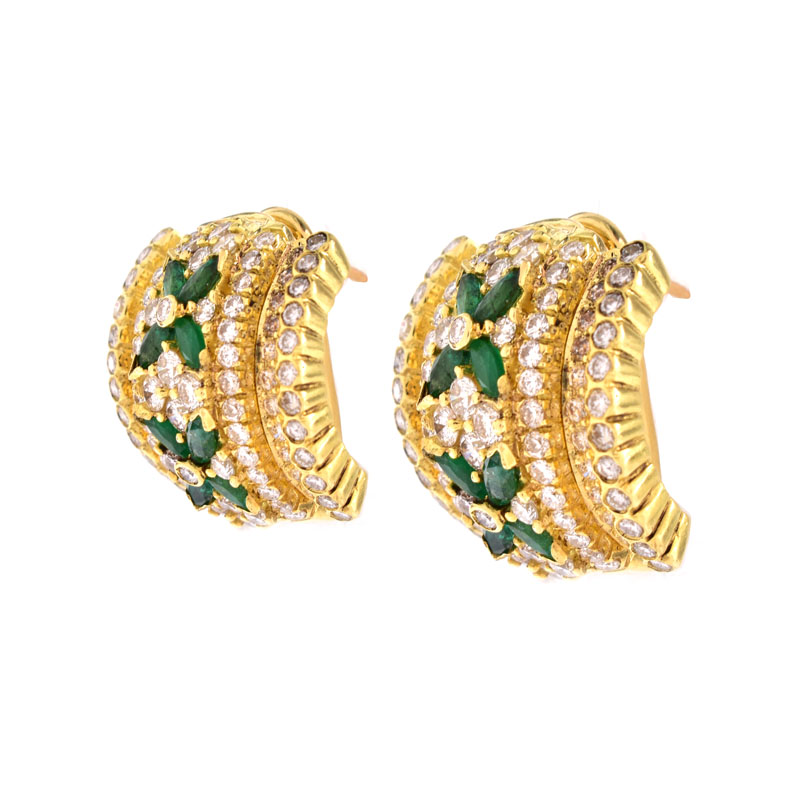 Very Fine Quality Vintage Tiffany & Co Italian Approx. 3.50 Carat Round Brilliant Cut Diamond, Marquise Cut Emerald and 18 Karat Yellow Gold Earrings. 