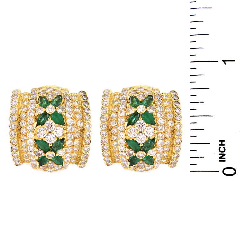 Very Fine Quality Vintage Tiffany & Co Italian Approx. 3.50 Carat Round Brilliant Cut Diamond, Marquise Cut Emerald and 18 Karat Yellow Gold Earrings. 