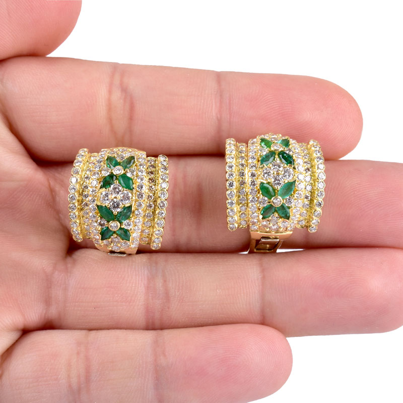 Very Fine Quality Vintage Tiffany & Co Italian Approx. 3.50 Carat Round Brilliant Cut Diamond, Marquise Cut Emerald and 18 Karat Yellow Gold Earrings. 