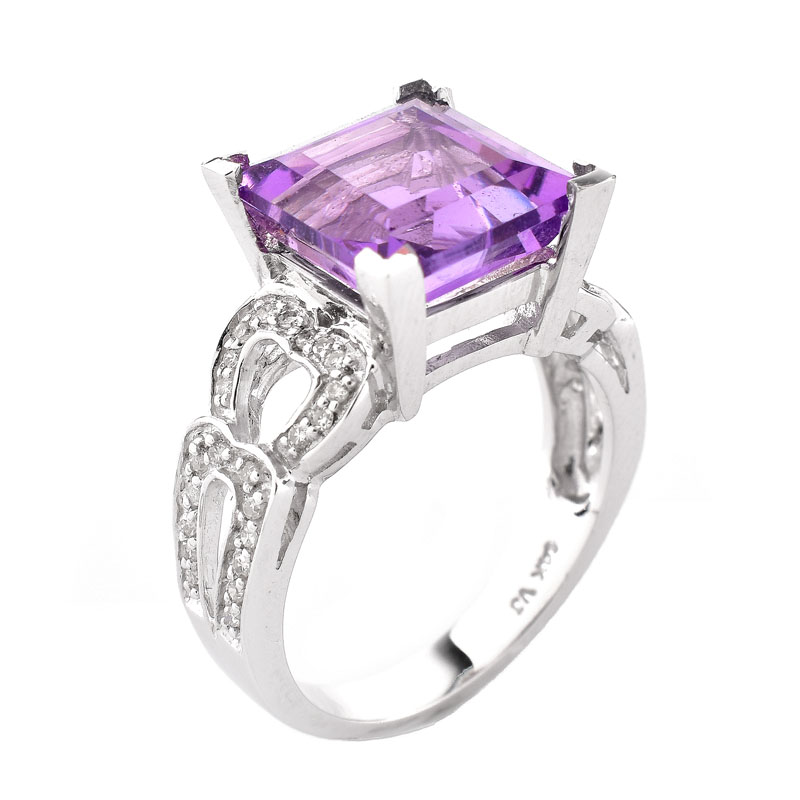 Approx. 4.07 Carat Square Cut Amethyst, Diamond and 14 Karat White Gold Ring. Amethyst measures 10mm x 10mm. 