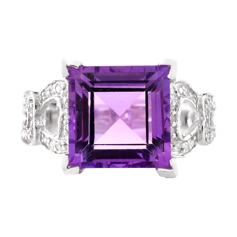 Approx. 4.07 Carat Square Cut Amethyst, Diamond and 14 Karat White Gold Ring. Amethyst measures 10mm x 10mm. 