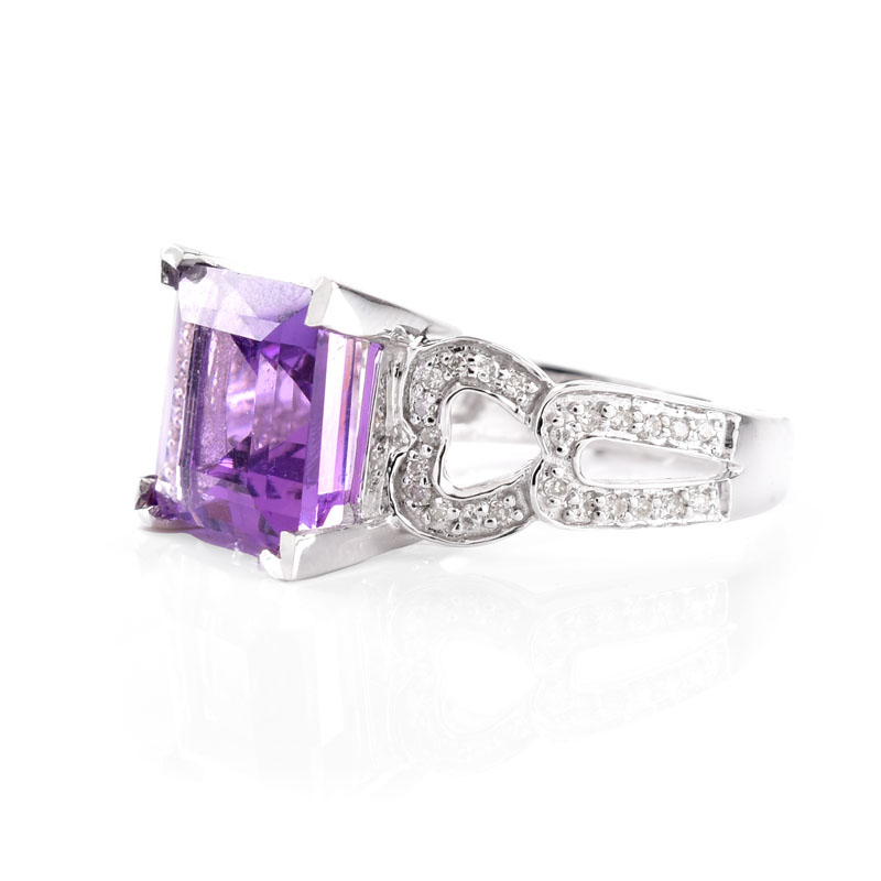 Approx. 4.07 Carat Square Cut Amethyst, Diamond and 14 Karat White Gold Ring. Amethyst measures 10mm x 10mm. 