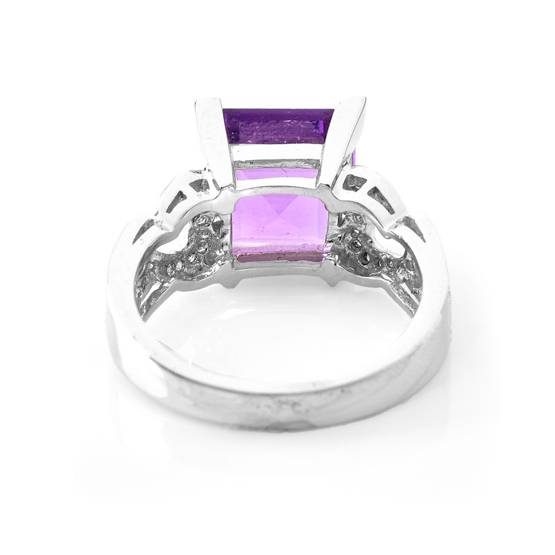 Approx. 4.07 Carat Square Cut Amethyst, Diamond and 14 Karat White Gold Ring. Amethyst measures 10mm x 10mm. 