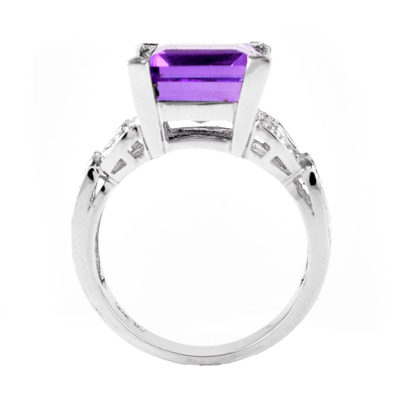 Approx. 4.07 Carat Square Cut Amethyst, Diamond and 14 Karat White Gold Ring. Amethyst measures 10mm x 10mm. 