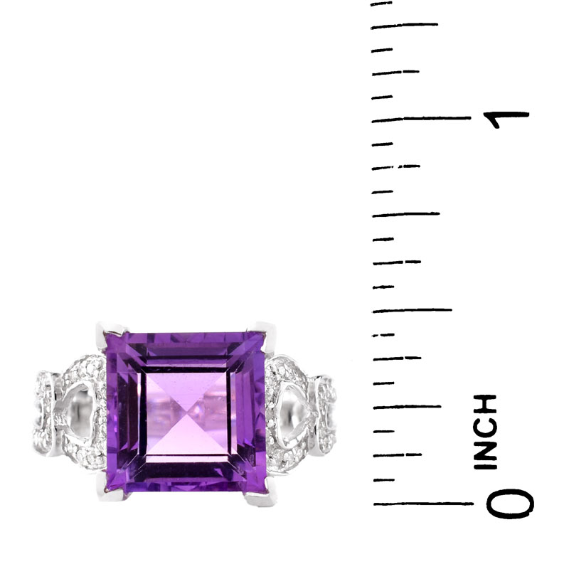 Approx. 4.07 Carat Square Cut Amethyst, Diamond and 14 Karat White Gold Ring. Amethyst measures 10mm x 10mm. 