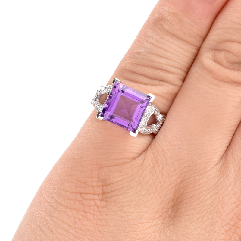 Approx. 4.07 Carat Square Cut Amethyst, Diamond and 14 Karat White Gold Ring. Amethyst measures 10mm x 10mm. 