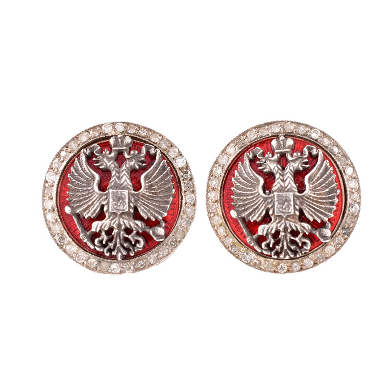 Russian Faberge style 56 Yellow Gold (14K), Diamond, Guilloche Enamel and Silver Cufflinks with Russian Imperial Eagle. 