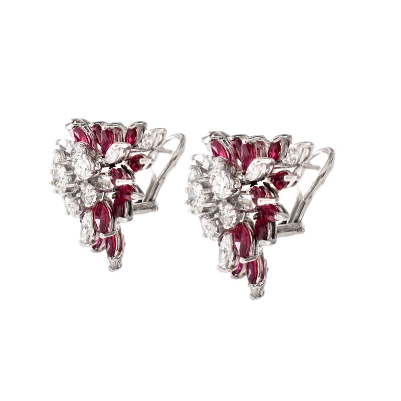 Vintage Circa 1960 Approx. 5.0 Carat Marquise and Oval Cut Ruby, 3.75 Carat Round Brilliant and Marquise Cut Diamond and Platinum Earrings. 