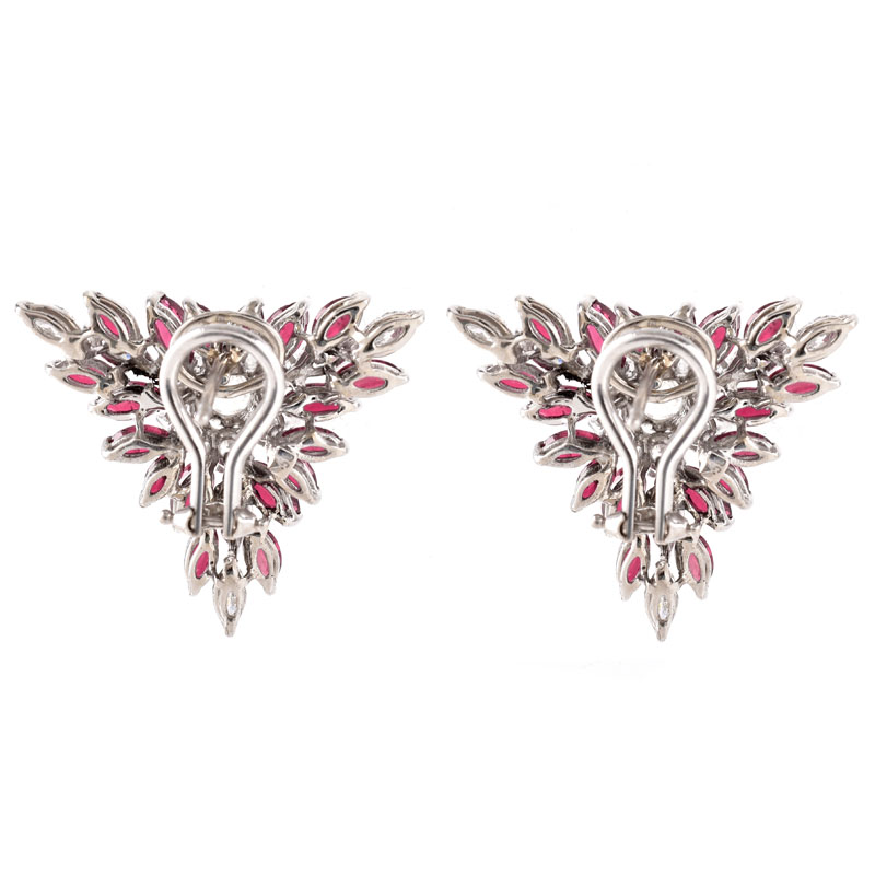 Vintage Circa 1960 Approx. 5.0 Carat Marquise and Oval Cut Ruby, 3.75 Carat Round Brilliant and Marquise Cut Diamond and Platinum Earrings. 