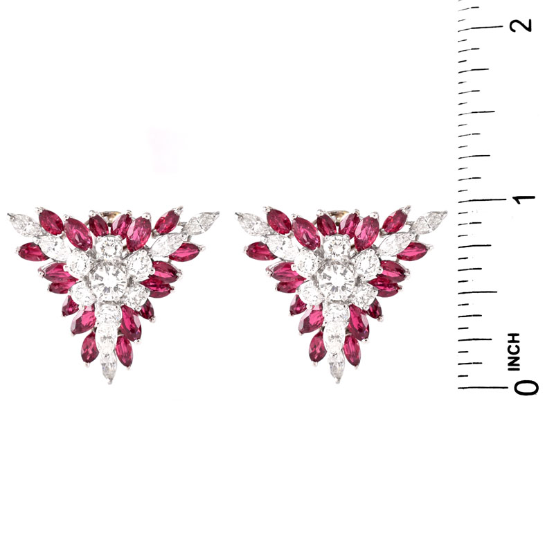 Vintage Circa 1960 Approx. 5.0 Carat Marquise and Oval Cut Ruby, 3.75 Carat Round Brilliant and Marquise Cut Diamond and Platinum Earrings. 