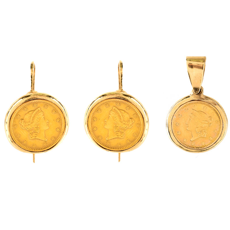Three (3) Piece US $1 Gold Coin and 14 Karat Yellow Gold Earring and Pendant Suite. Coins dated 1852, 1853, 1853. Pendant bale stamped 14K. 