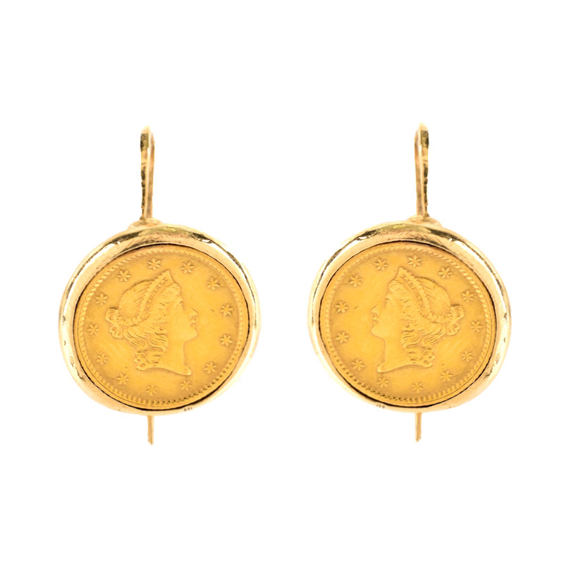 Three (3) Piece US $1 Gold Coin and 14 Karat Yellow Gold Earring and Pendant Suite. Coins dated 1852, 1853, 1853. Pendant bale stamped 14K. 