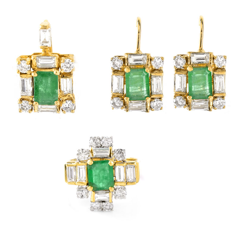 Vintage Approx. 2.50 Carat Emerald, 3.0 Carat Round Brilliant and Baguette Cut Diamond and 18 Karat Yellow Gold Earrings, Ring and Pendant Suite. 