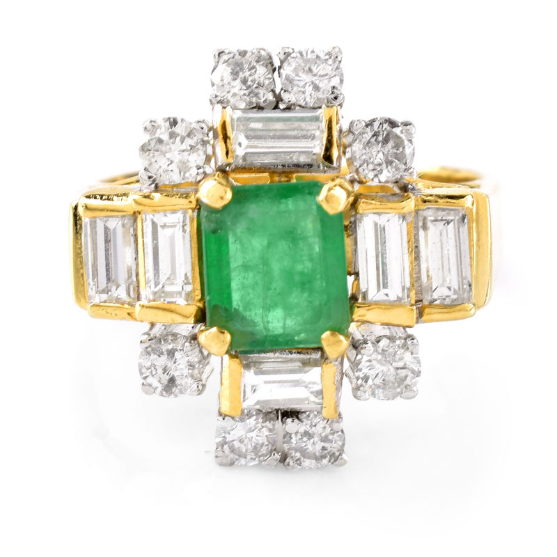 Vintage Approx. 2.50 Carat Emerald, 3.0 Carat Round Brilliant and Baguette Cut Diamond and 18 Karat Yellow Gold Earrings, Ring and Pendant Suite. 