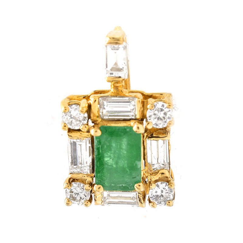 Vintage Approx. 2.50 Carat Emerald, 3.0 Carat Round Brilliant and Baguette Cut Diamond and 18 Karat Yellow Gold Earrings, Ring and Pendant Suite. 