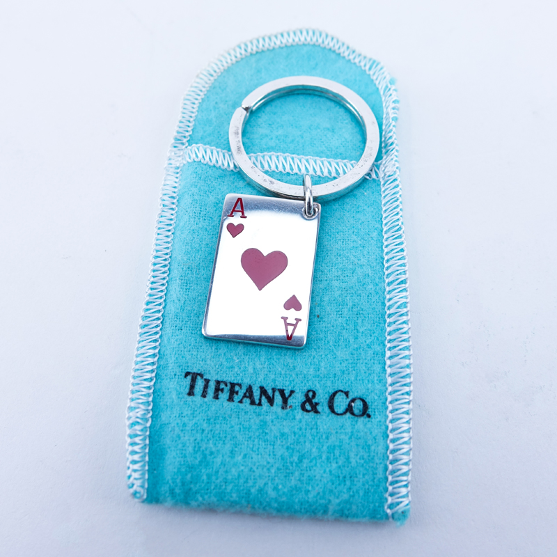 Tiffany & Co 'Ace of Hearts' Sterling Silver  Key Chain with Original Pouch. Signed and stamped 925 on charm and hoop.