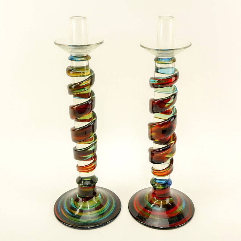 Pair of Mid Century Murano Italian Art Glass Candlesticks.