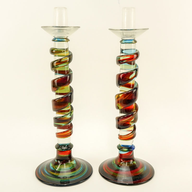 Pair of Mid Century Murano Italian Art Glass Candlesticks.