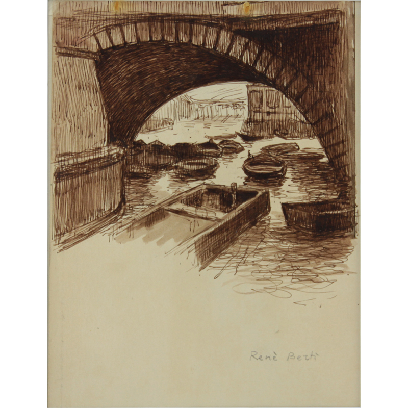 René (Ribet) Berti, Italian (1884-1939) Brown Ink on tan paper "Parisian Canal Scene" Signed in pencil lower right.
