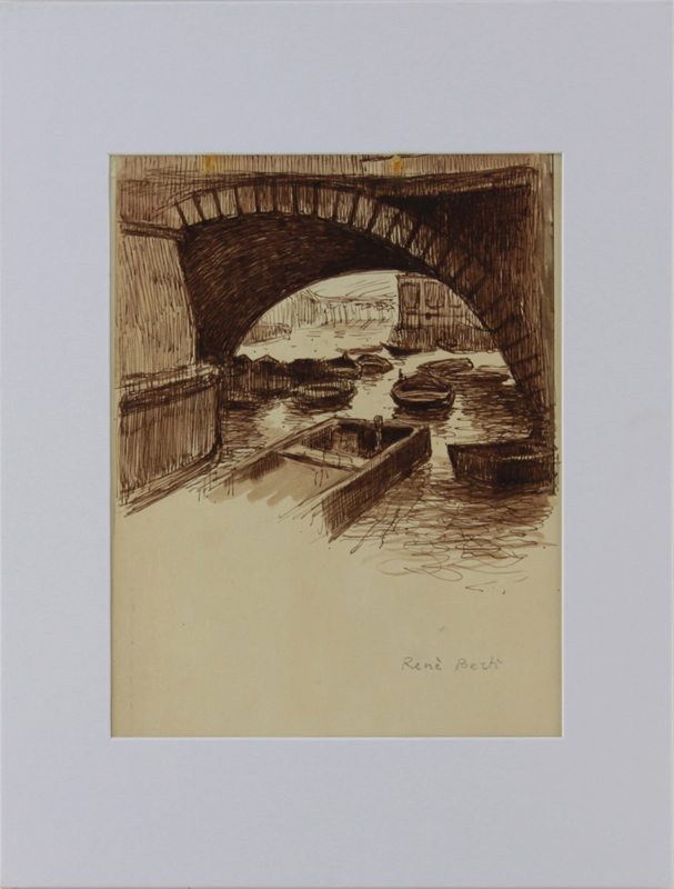 René (Ribet) Berti, Italian (1884-1939) Brown Ink on tan paper "Parisian Canal Scene" Signed in pencil lower right.
