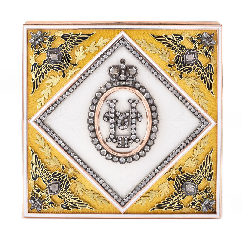 Very Fine Russian Faberge 56 Yellow Gold (14 Karat), Rose Cut Diamond, Yellow and Opalescent White Guilloche Enamel Box. 