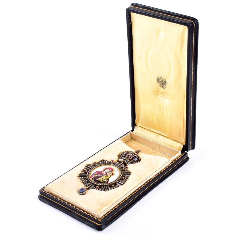 19/20th Century Russian 56 Yellow Gold (14 Karat) Sapphire, Ruby, Rose Cut Diamond and Enamel Icon-Panagia with Presentation Box bearing the Russian Imperial Eagle. 