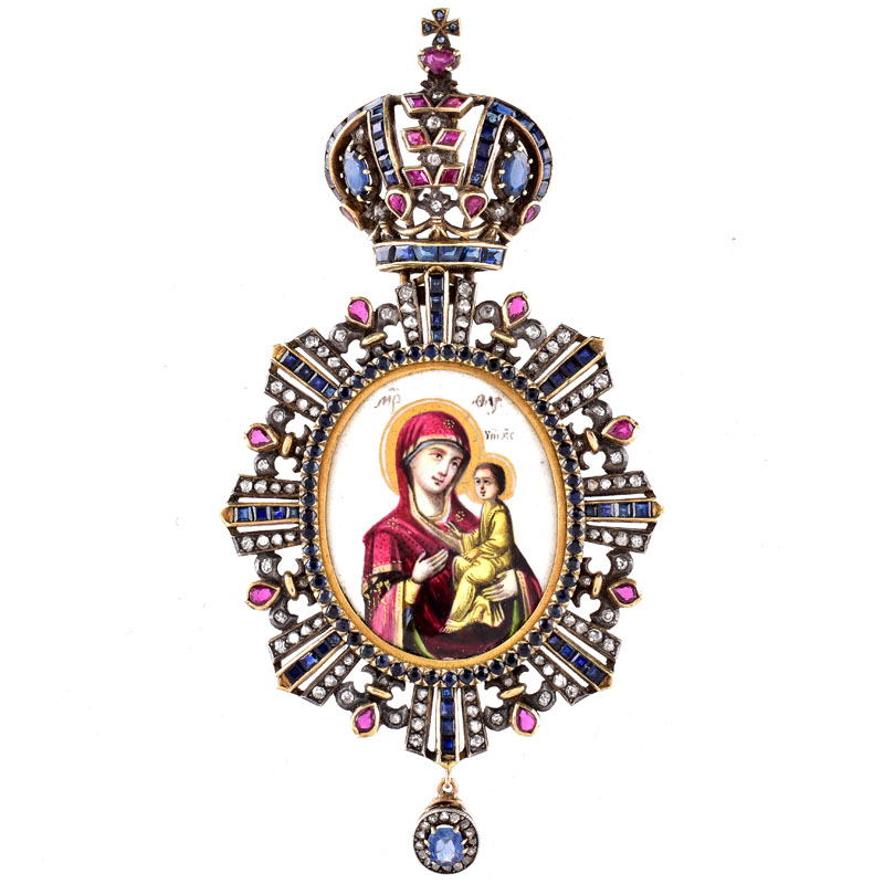 19/20th Century Russian 56 Yellow Gold (14 Karat) Sapphire, Ruby, Rose Cut Diamond and Enamel Icon-Panagia with Presentation Box bearing the Russian Imperial Eagle. 