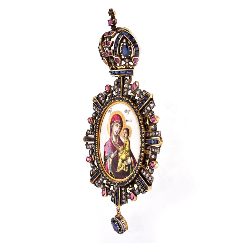 19/20th Century Russian 56 Yellow Gold (14 Karat) Sapphire, Ruby, Rose Cut Diamond and Enamel Icon-Panagia with Presentation Box bearing the Russian Imperial Eagle. 