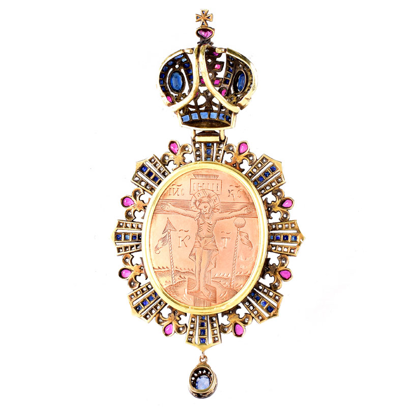 19/20th Century Russian 56 Yellow Gold (14 Karat) Sapphire, Ruby, Rose Cut Diamond and Enamel Icon-Panagia with Presentation Box bearing the Russian Imperial Eagle. 