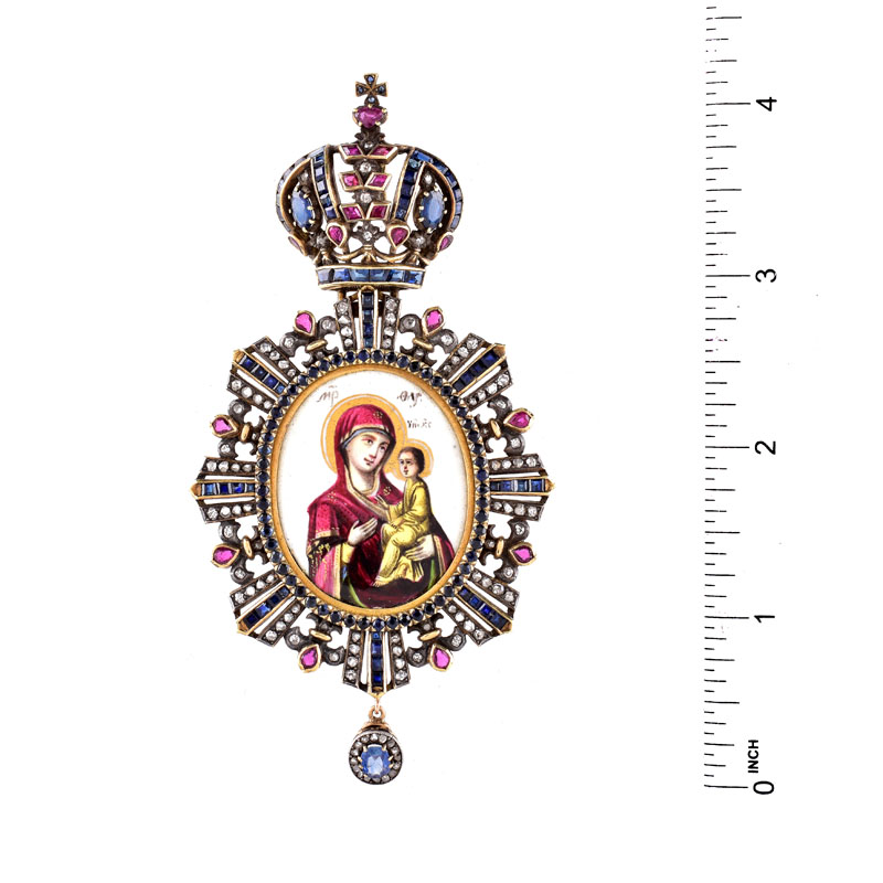 19/20th Century Russian 56 Yellow Gold (14 Karat) Sapphire, Ruby, Rose Cut Diamond and Enamel Icon-Panagia with Presentation Box bearing the Russian Imperial Eagle. 