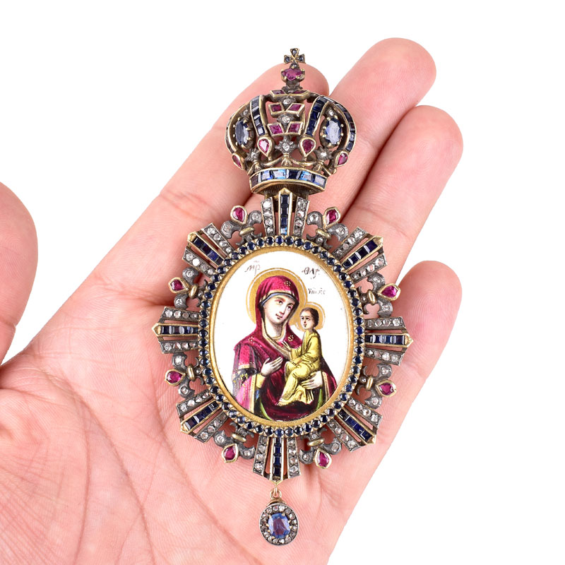 19/20th Century Russian 56 Yellow Gold (14 Karat) Sapphire, Ruby, Rose Cut Diamond and Enamel Icon-Panagia with Presentation Box bearing the Russian Imperial Eagle. 