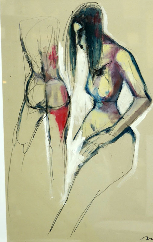 20th Century European School Ink and Gouache On Paper "Male and Female Nudes". Bears signature Possibly Martini?. 