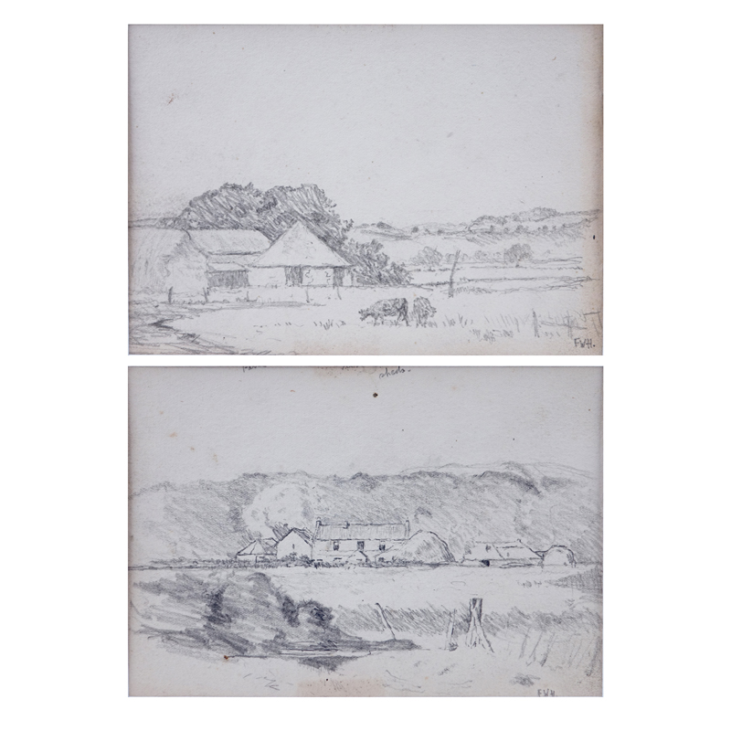 Frederick William Hulme, British (1816-1884) Two (2) double sided pencil sketches on paper. "Landscapes" Initialed FWH.