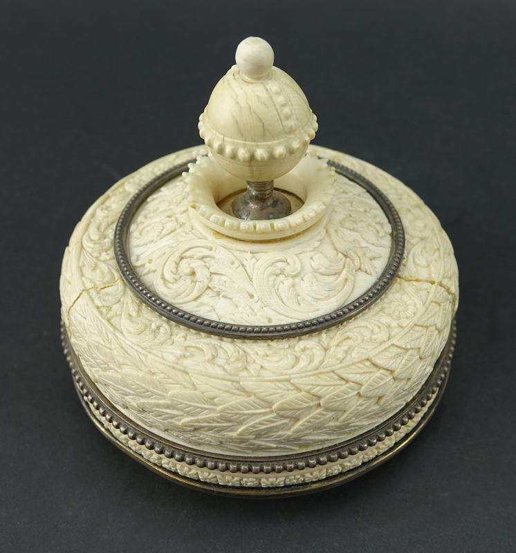 Impressive Early 19th Century Russian Imperial Carved Ivory And Silver Mounted Figural Vase And Cover. The circular base  with male figures supporting a tapered cylindrical vase carved in relief with Peter The Great and Anna Ioannovna.